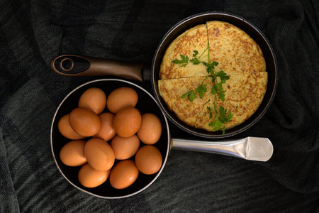 A high angle closeup shot of two roasters in opposite directions with fresh eggs and an omelet...