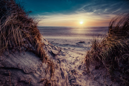 A breathtaking shot of a beautiful beach on a wonderful sunset backgroundの写真素材