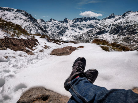 The beautiful scenery of Sierra de Gredos Candeleda Spain rocky snowy mountains on daylight with a...