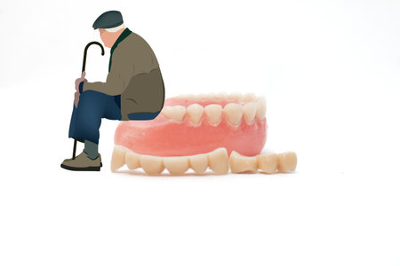 A clipart of an old person sitting on a denture under the lights isolated on a white background