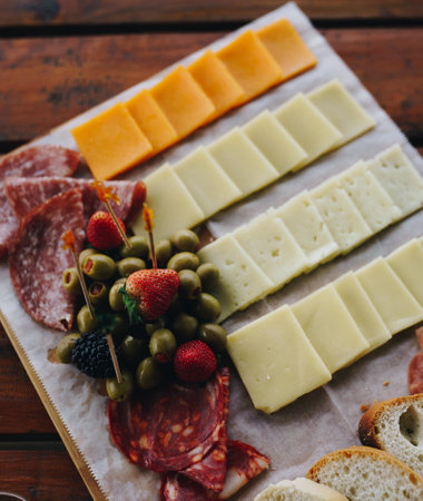 A vertical high angle shot of different types of cheese and meat on a plateの写真素材