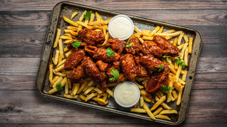 An overhead shot of buffalo wings with sauce and fries on a tray on wooden tableの写真素材