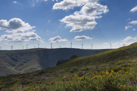 A beautiful view of windmills on a hill with a cloudy blue sky in the background