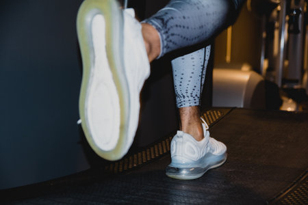 A closeup shot of a male athlete running on a curved treadmill in the gym