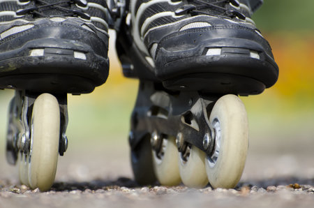 A closeup shot of roller skates on a blurred backgroundの写真素材
