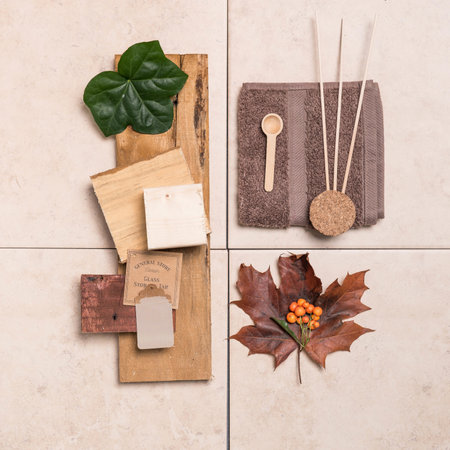 A creative brown rustic mood board for interior designの写真素材