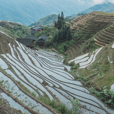 A beautiful shot of a Chinese town surrounded by amazing natureの写真素材