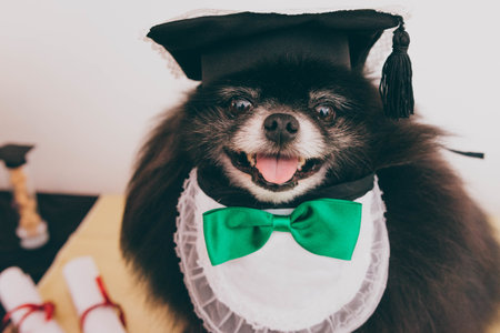 A closeup shot of a black Pomeranian dog tongue out wearing a cute bow smiling and looking at the cameraの写真素材