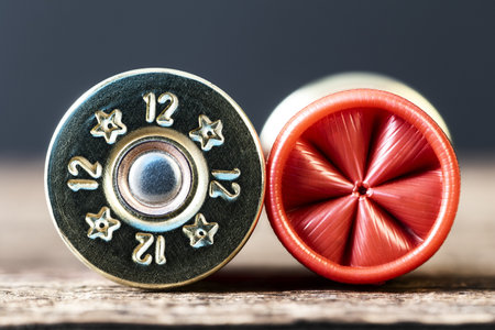 A selective focus shot of 12-gauge shotgun cartridges used for hunting on a wooden table