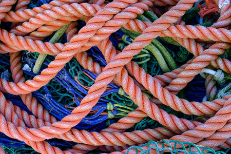 An overhead closeup shot of orange blue and green ropes - perfect for background