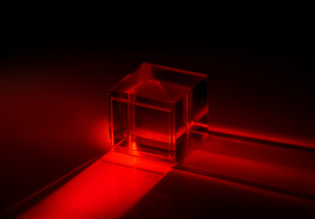 A crystal cube illuminated in redの写真素材