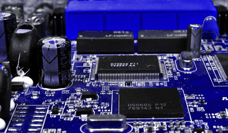 A closeup shot of a circuit board with electronic components