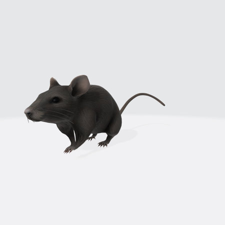 3d illustraion of hungry mouse. Curious Wood mouse (Apodemus sylvaticus) with cute black eyes looking in the camera on white background.の写真素材