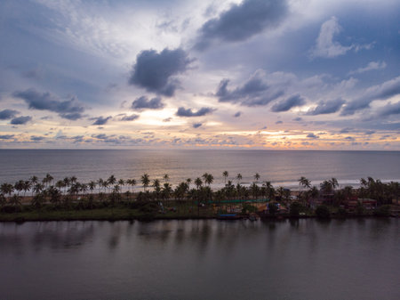 An aerial shot of Kappil Beach, Paravur at sunsetの写真素材