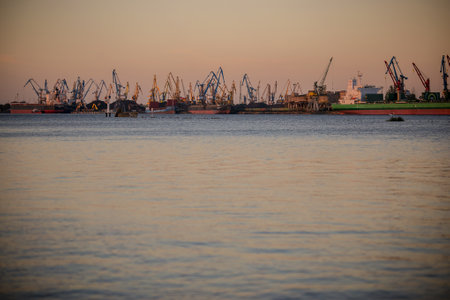 A view with many crane vessels moored at a port