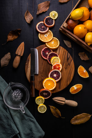 A vertical high angle shot of slices of orange and lemon and a box of lemon and oranges on a tableの写真素材