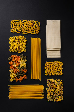 A vertical high angle shot of different shapes and kinds of pasta and macaroni on a black backgroundの写真素材