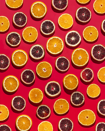 A vertical high angle shot of slices of orange and blood orange on a pink backgroundの写真素材