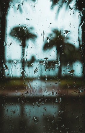 A glass with droplets on it and some blurred palm trees on its other side
