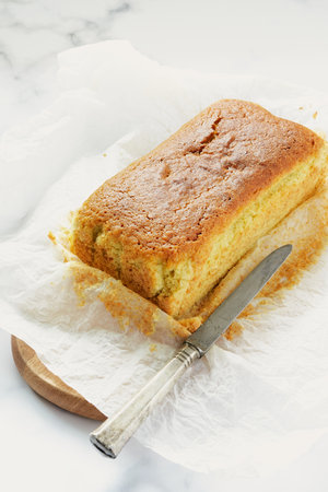 A delicious pound cake on the kitchen table