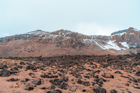 The landscape view of the volcanic terrain near Kilimanjaro mountain in Tanzaniaの写真素材