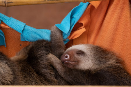 A cute baby sloth sleeping peacefully while holding on to orange sheets hung from a bamboo poleの写真素材