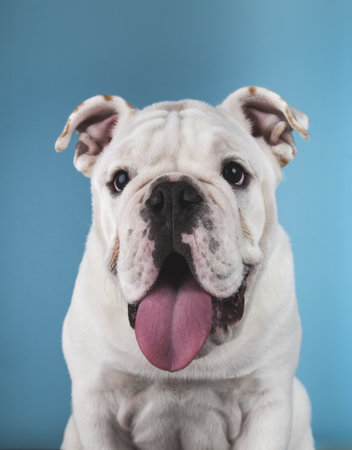 A vertical portrait of a funny English bulldog puppy isolated on a blue backgroundの写真素材