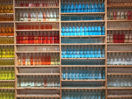 The glass bottles of different sizes filled with different colors of liquid on the wooden shelves