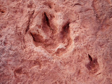 Foot print of a dinosaur in the Arizona desert, USA, close to Tuba City . Mark in red stone on the ground, centered.の写真素材