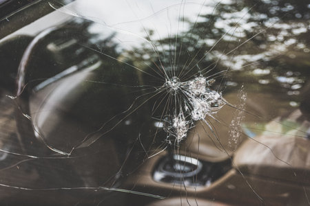 A car's cracked window with patterns and holes