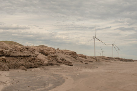 A beautiful scenery of a sandy beach with rocks on a cloudy sky background