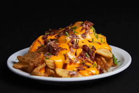 A delicious side dish made of fried potatoes and ham with a mustard sauce