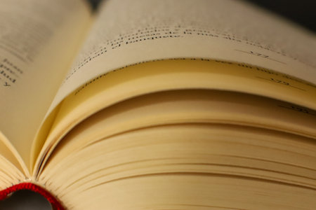 A closeup of the pages of an open book under the lights with a blurry background