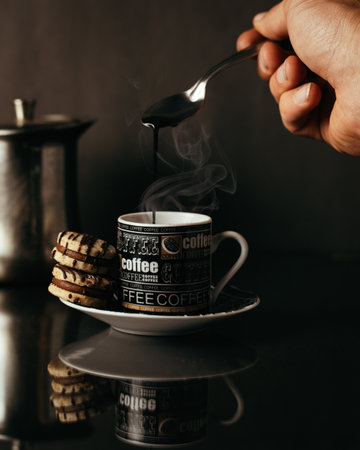 A vertical shot of a person mixing a hot coffee with a spoon on the table with cookiesの写真素材