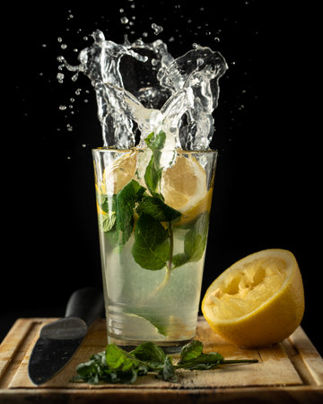 A vertical shot of a splashing lemonade with mint and lemons on the table isolated on a black...