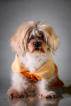A portrait of a small mal shi with clothes on under the lights on a grey background