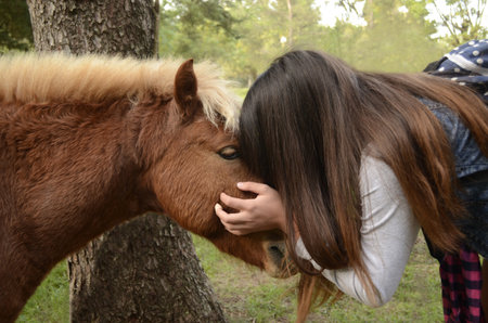 A young Caucasian female showing affection to her pet horseの写真素材