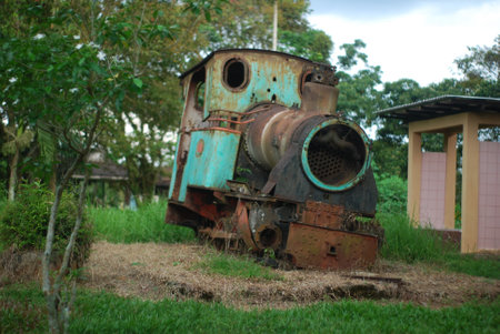 A landscape shot of an old rusty abandoned train frontの写真素材