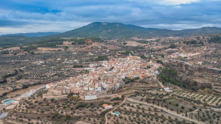An aerial view of a small town on a sunny dayの写真素材