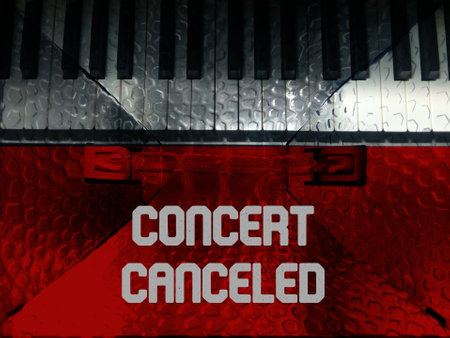 A sign showing piano tiles about the cancellation of the concert due to Covid-19 pandemicの写真素材
