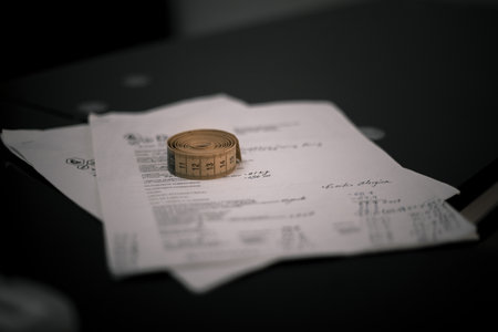 A selective focus of a rolled tape measure on documents on the table under the lightsの写真素材