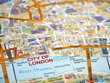 A closeup shot of a map showing the City of London and River Thamesの写真素材