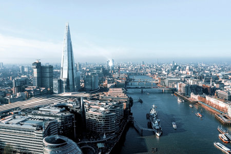 An aerial shot of the beautiful city of London in England, during daylight