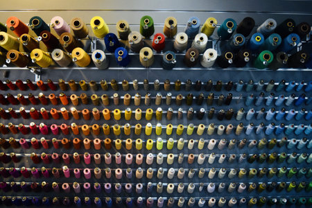 A wall in a sewing shop with colorful spools of threadの写真素材