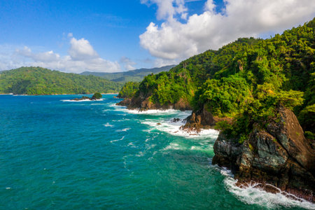 An aerial view of the Tobago cays in St-Vincent and the Grenadines in the Caribbean islandsの写真素材
