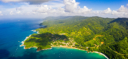 An aerial panoramic shot of Tobago cays in Caribbean islandsの写真素材