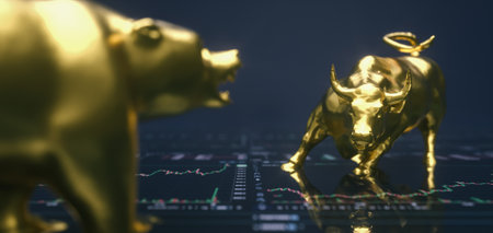 A golden bear and bull on top of the stock chart documentの写真素材