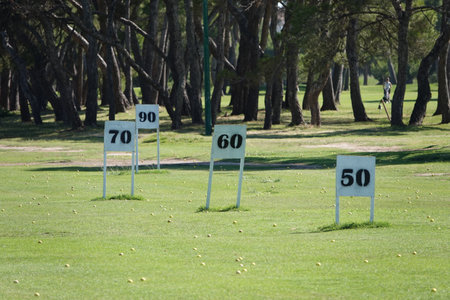 A sunny scenery of distance pointers in a golf filedの素材 [FY310195622945]