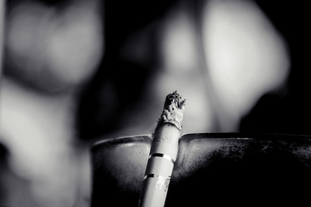 A closeup grayscale shot of burning cigarette near a glass ashtrayの写真素材