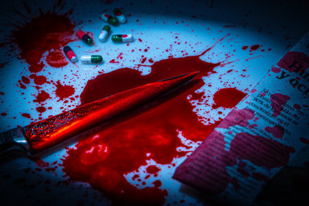 A closeup shot of a knife fully covered with blood near medical pills on the table- perfect for a murder conceptの写真素材